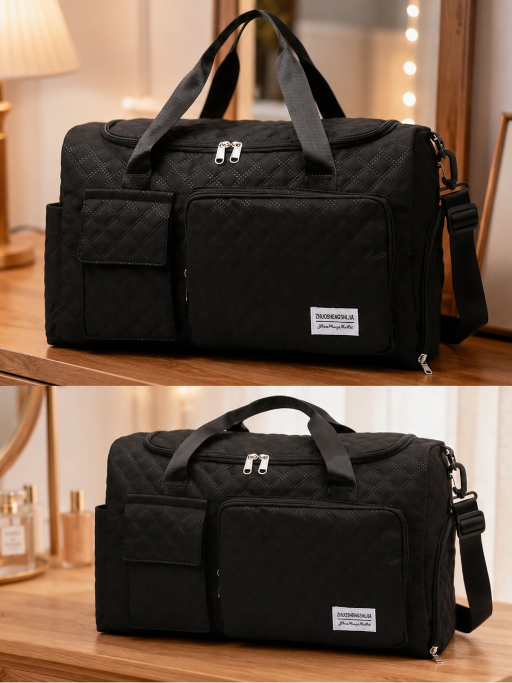 Quilted Black Men's Duffel Bag with Front Organizers